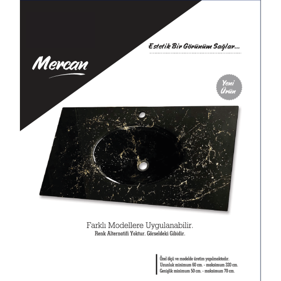Cam Lavabo Mermer Desen Gold Siyah 100x56 cm - Desenli Cam Lavabo Modelleri
