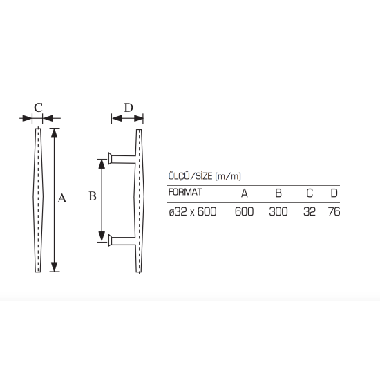 Paslanmaz H Kollar  ( 32X300X600MM), Çekme Kollar, Cam Kapı Kolu - Paslanmaz Boru Çekme Kollar
