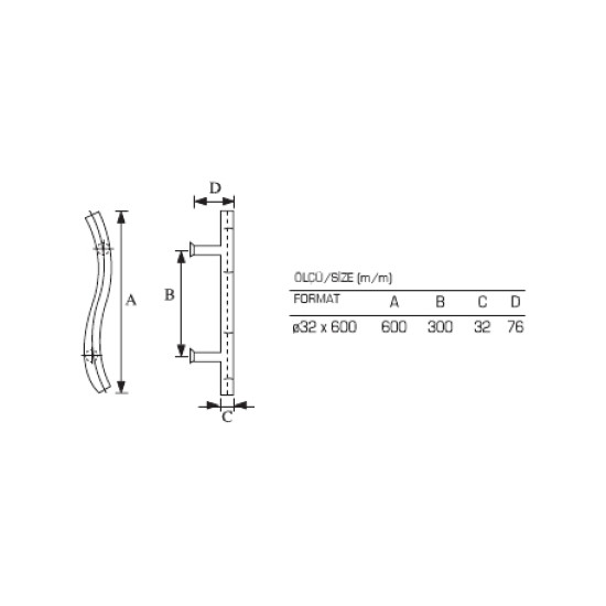 Paslanmaz H Kol  ( 32 X 300 X 600 MM ), çekme Kol, Cam kapı Kolu - Paslanmaz Boru Çekme Kollar