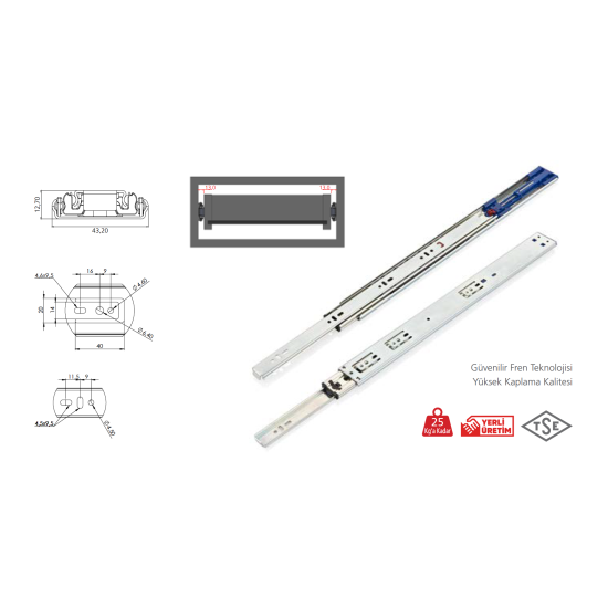 Teleskopik Bilyalı Ray  ( Geniş 43 mm ) Frenli 43 mm x 50 cm - Teleskopik Bilyalı Çekmece Rayları