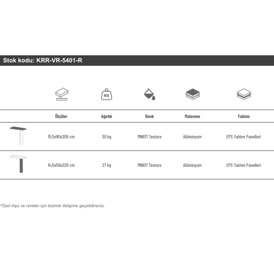 Alüminyum Işıklı Sundurma Vera Mono Right 200 cm x 90 cm Ledli Posta Kutulu - Alüminyum Işıklı Sundurma